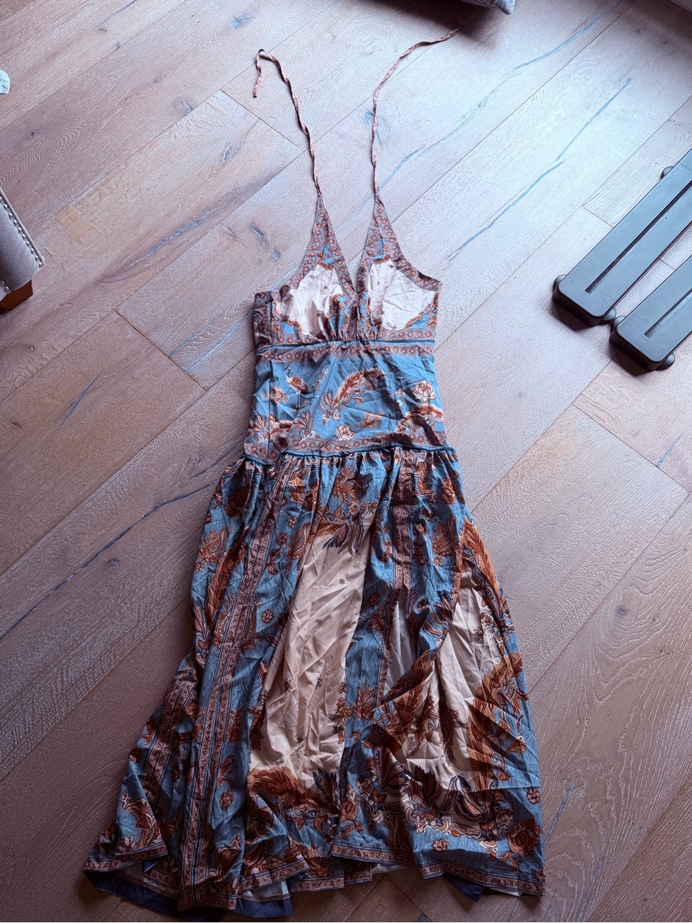 Boho Floral Spaghetti-Strap Maxi Dress in Blue and Brown